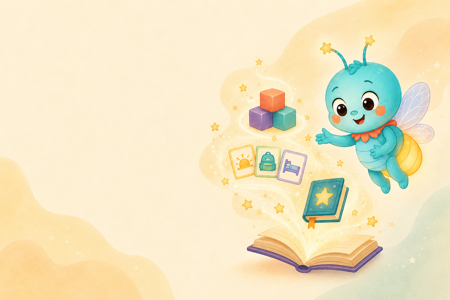Lumi, o personagem da Pequeno Lume, voando sobre um livro mágico com blocos, cartões de rotina e estrelas
